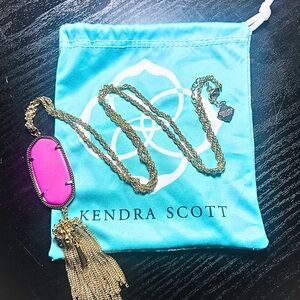 Kendra Scott Long Pink Tassel Necklace, Gold tone, Large Pendant, W/ Bag